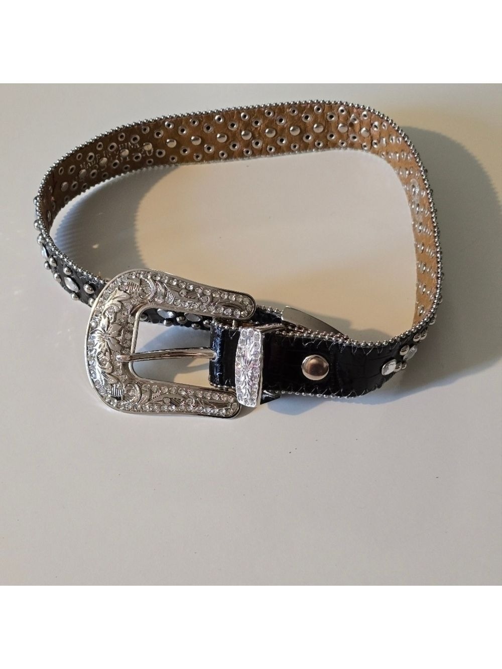Leather stubbed with rhinestones statement belt color black